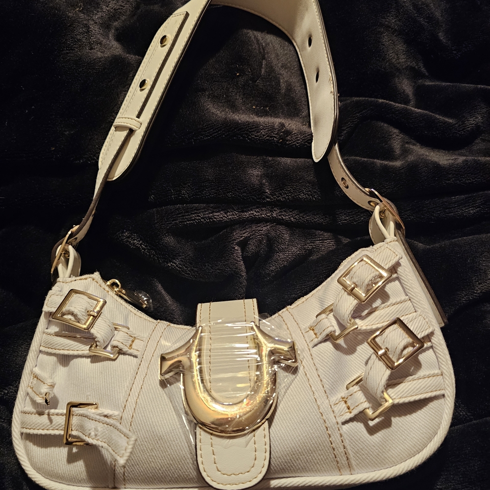 True Religion White Shoulder Bag with Gold Accents